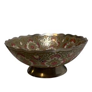 Brass Decorative Catch All Bowl Intricate Red Green Silver Floral Scalloped Edge